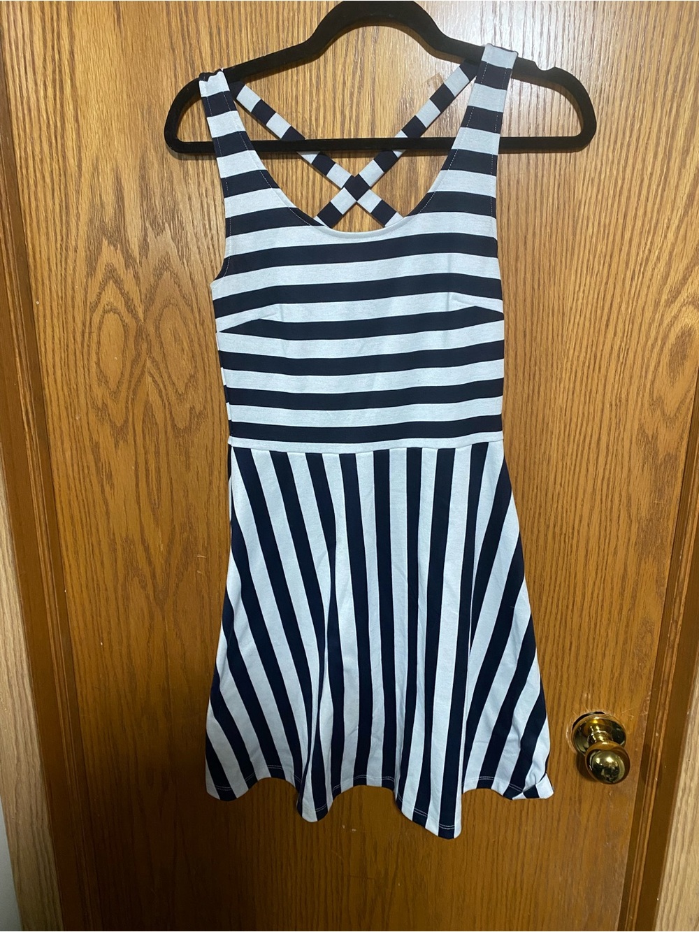 Striped Crisscross Fit & Flare Dress in navy blue and White